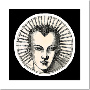Face with stylized hair in a circular arrangement. Vintage drawing in black and white Posters and Art